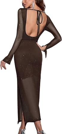 Womens Sexy Sequin Sparkly Maxi Dress Long Sleeve Tie Backless