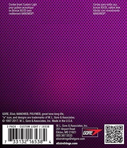 Elixir Strings 80/20 Bronze Acoustic Guitar Strings with NANOWEB Coating, 3-Pack, Custom Light .011-.052 (16538)