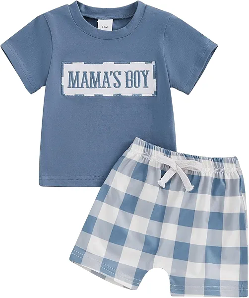 MERSARIPHY Infant Baby Boy Summer Clothes Mama's Boy Little Dude Short Sleeve T Shirt Plaid Shorts Set Toddler Boy Outfit