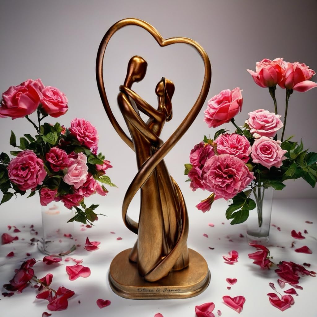 Personalised Bronze or Silver Couple Figurine – Romantic Resin Heart Sculpture – 31.5cm Wedding, Anniversary, Valentine’s Day for Couples, Husband, Wife, Gift