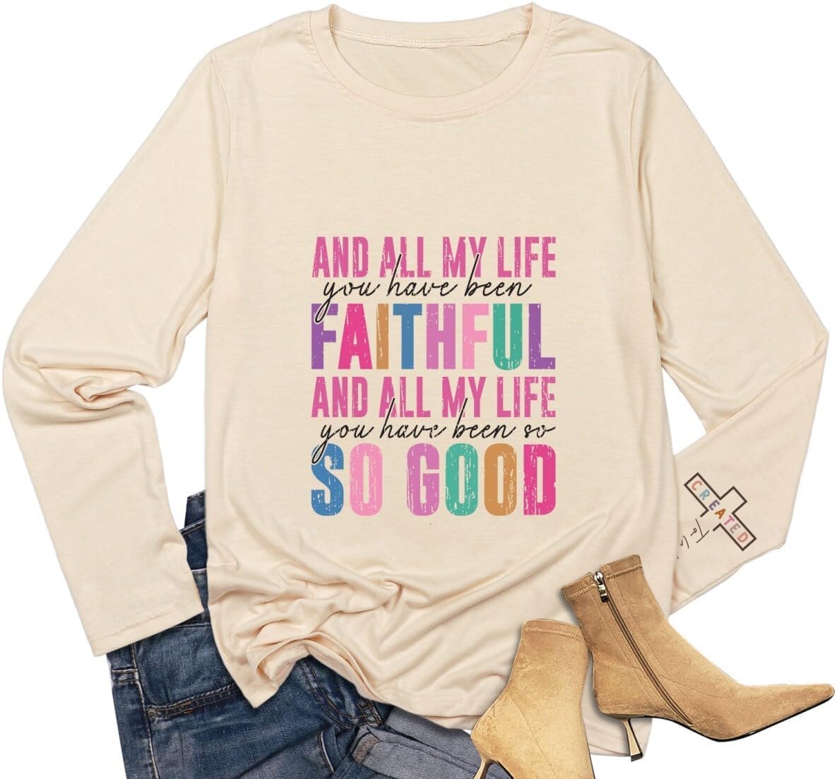 Christian Long-Sleeve T-Shirt for Women Bible Verses Cross Jesus Praise God Joy of The Lord Crewneck Top - Image 3