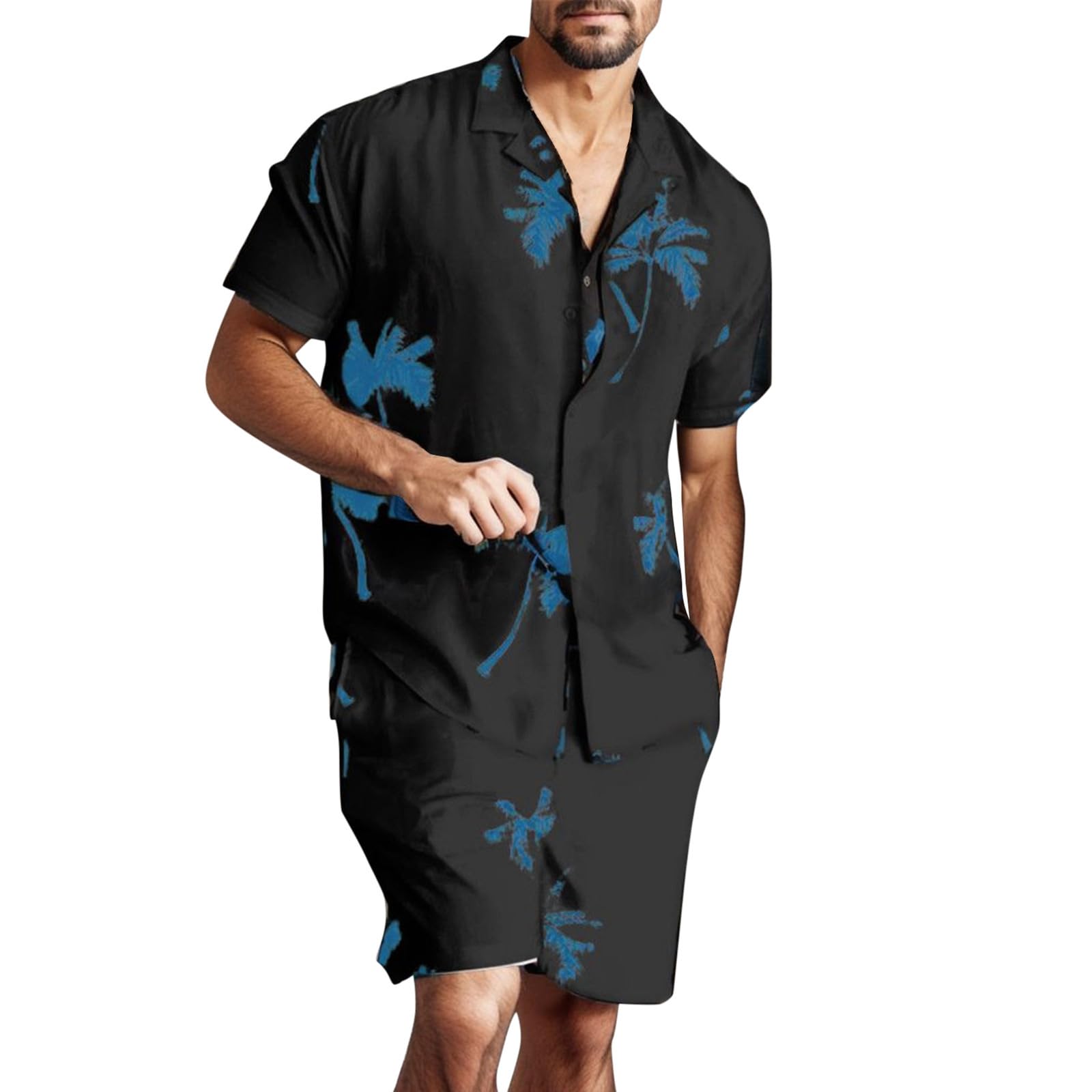 QWUVEDS Traje de primavera y verano para hombre, informal, floral, tropical, informal, con botones, manga corta, conjunto corto impreso, ropa para correr