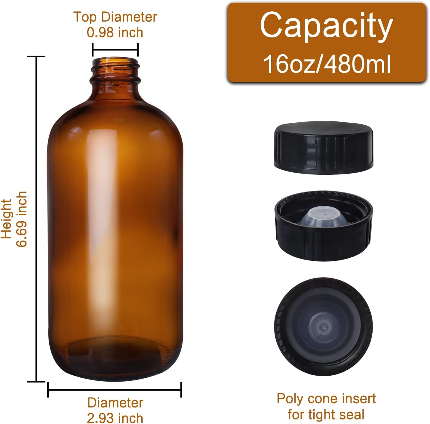 12 Pack 16 oz Amber Boston Round Glass Bottles with Black Caps for Secondary Kombucha Fermentation and Lab Chemicals (2 Funnels and 20 Pieces Black Chalkboard Labels Included) - Image 2