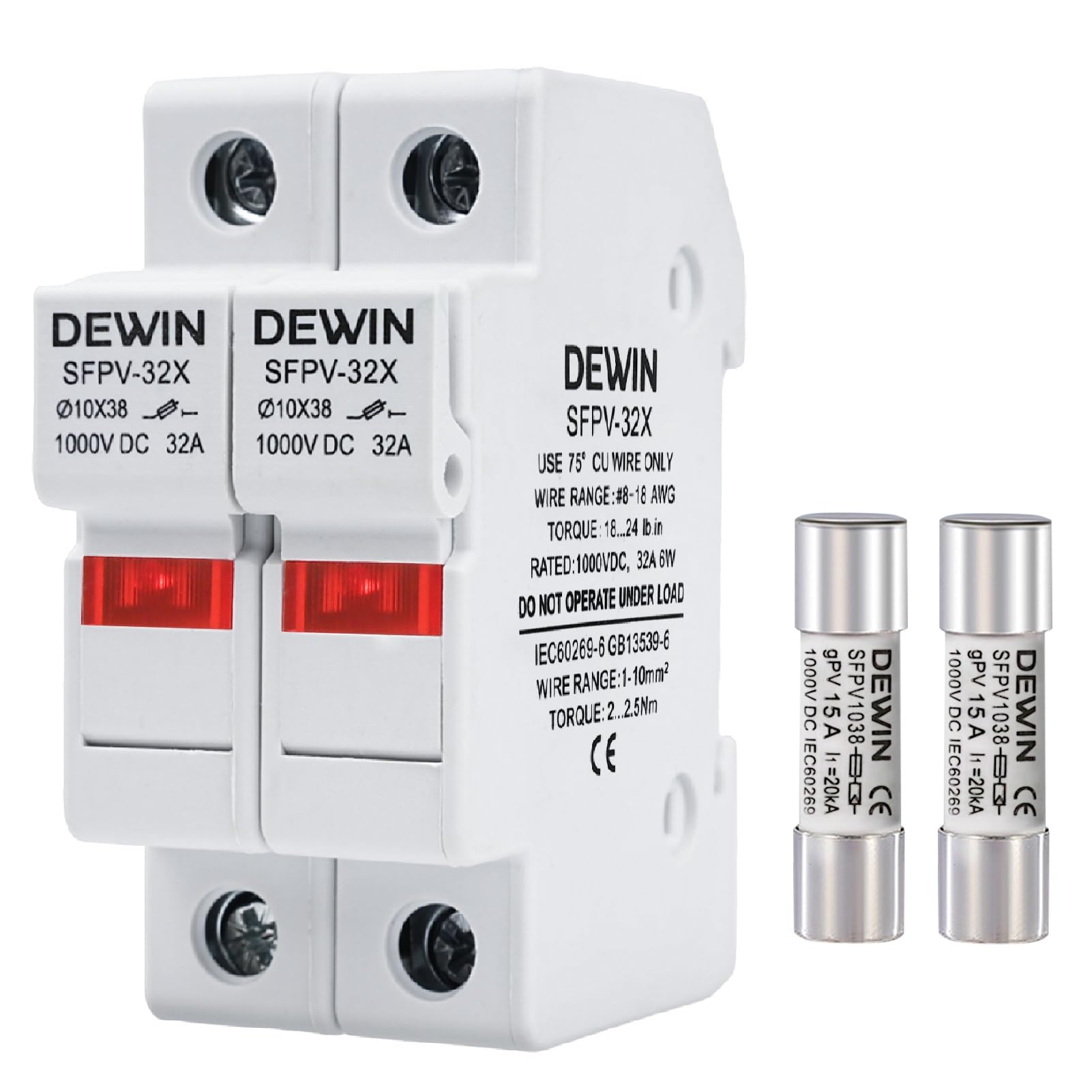 DEWIN Fusible fotovoltaico, 2 polos, 1000 V CC, 32 A, protección contra sobrecarga y cortocircuito.(With 15A PV fuse)