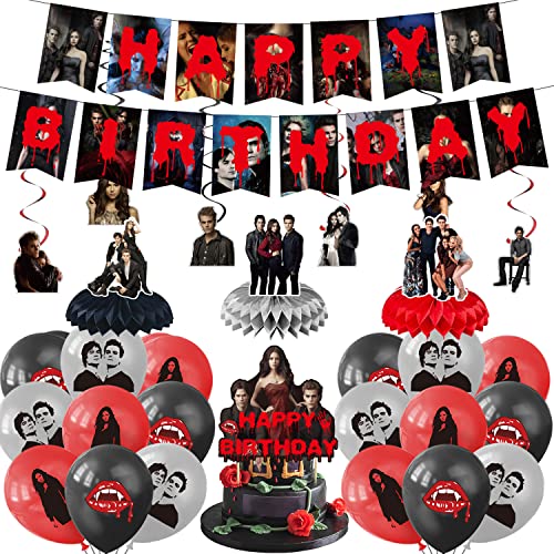 35 Pieces Vampire Diariy Party Decoration, Include Vampire Birthday Banner Honeycomb Centerpieces Cake Topper Vampire Party Latex Balloons for Birthday Vampire Halloween Party Supplies