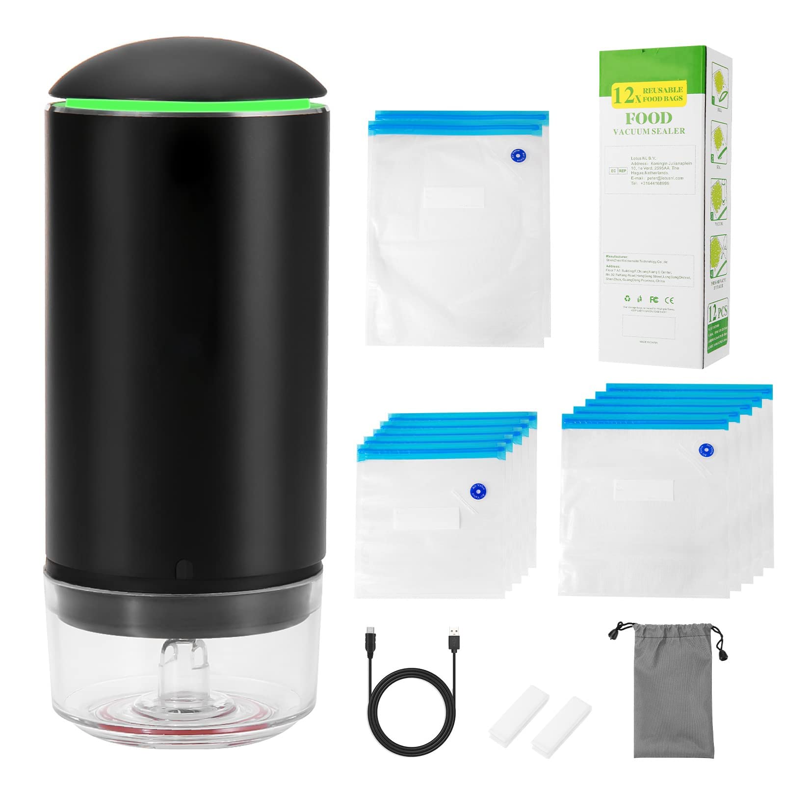 Vacuum Sealers Portable Vacuum Sealer Set, USB Rechargeable Handheld Pump, with 12 Reusable Vacuum Bags, 3 Sizes, for Vacuum Storage
