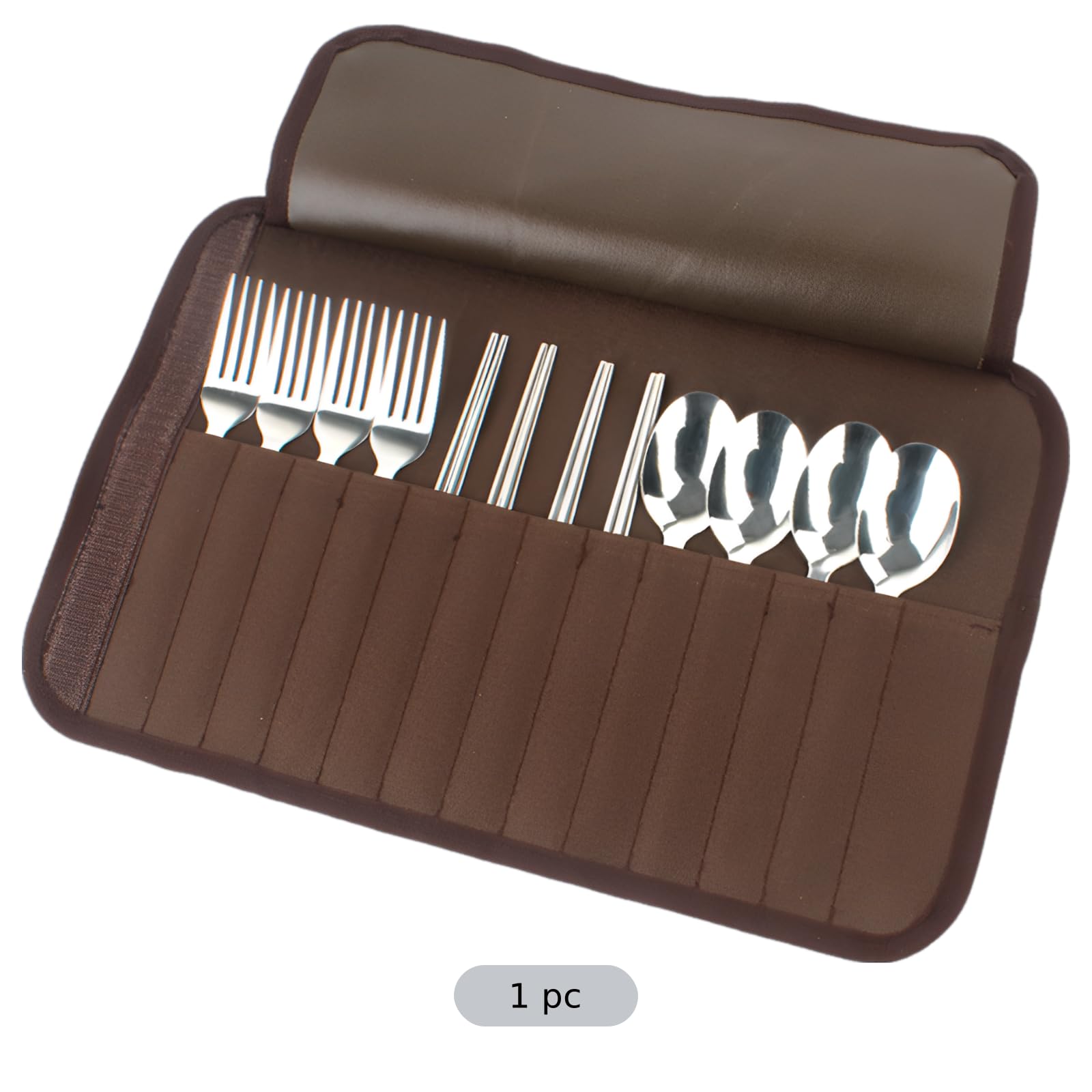 13-teiliges Besteckset für 4 Personen, Camping-Besteck aus Edelstahl 430, mit 4 Löffeln, 4 Gabeln, 4 Essstäbchen, kompakte Rolltasche für Grillen, Picknick und Outdoor-Aktivitäten