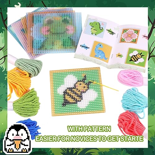 Image of Pllieay 10-in-1 Cross Stitch Beginner Kit for Kids, Embroidery Kit Includes 10pcs Plastic Mesh Canvas with Pattern, 15 Yarns, 5 Weaving Needles, Needle Points Starter Sewing Set with Instructions