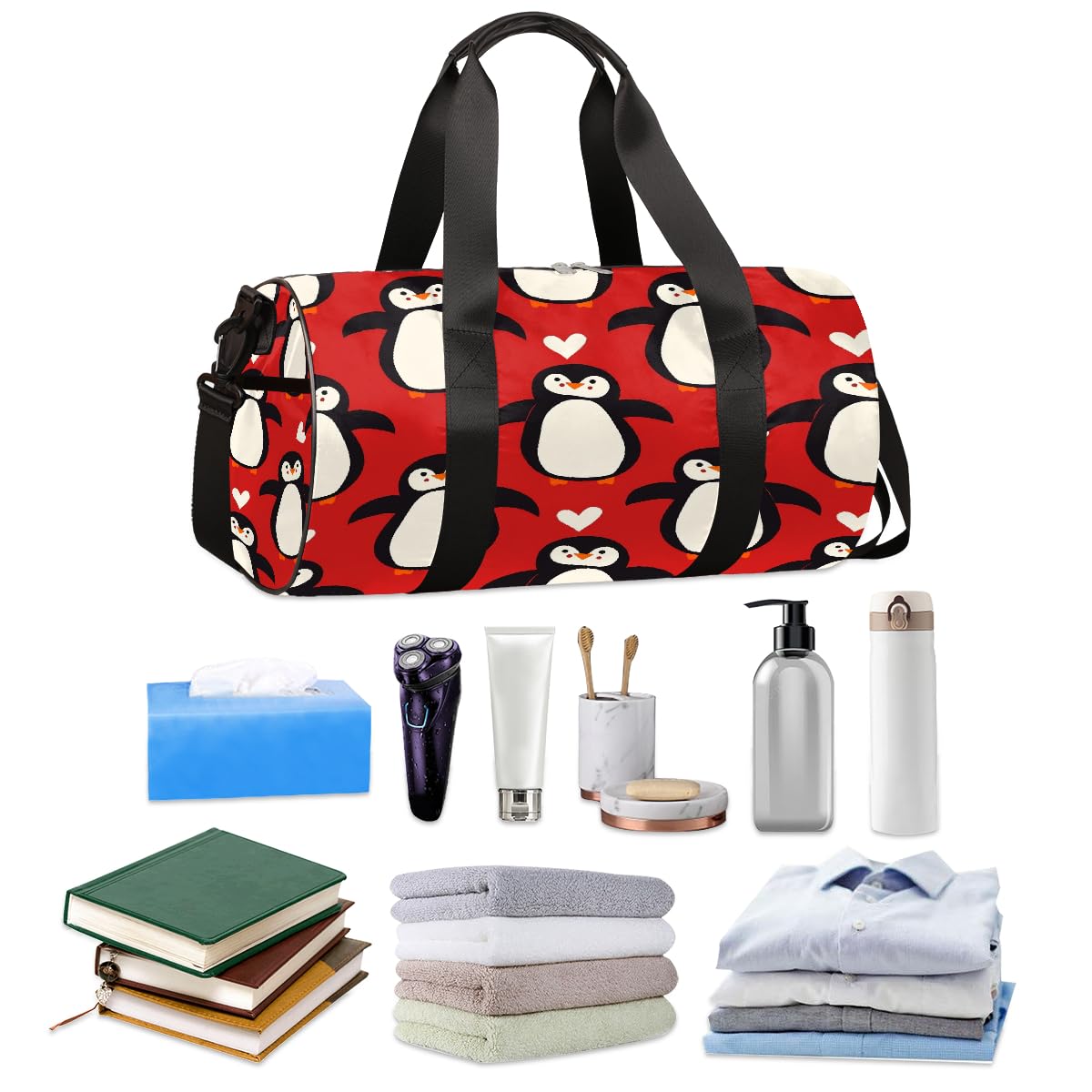 Mexpekil Seesack mit Schuhfach, wasserdichter Pinguin-Liebesherz, Reiserucksack für Fitness, Fitnessstudio, Wochenendausflüge, Pinguin-Liebesherz