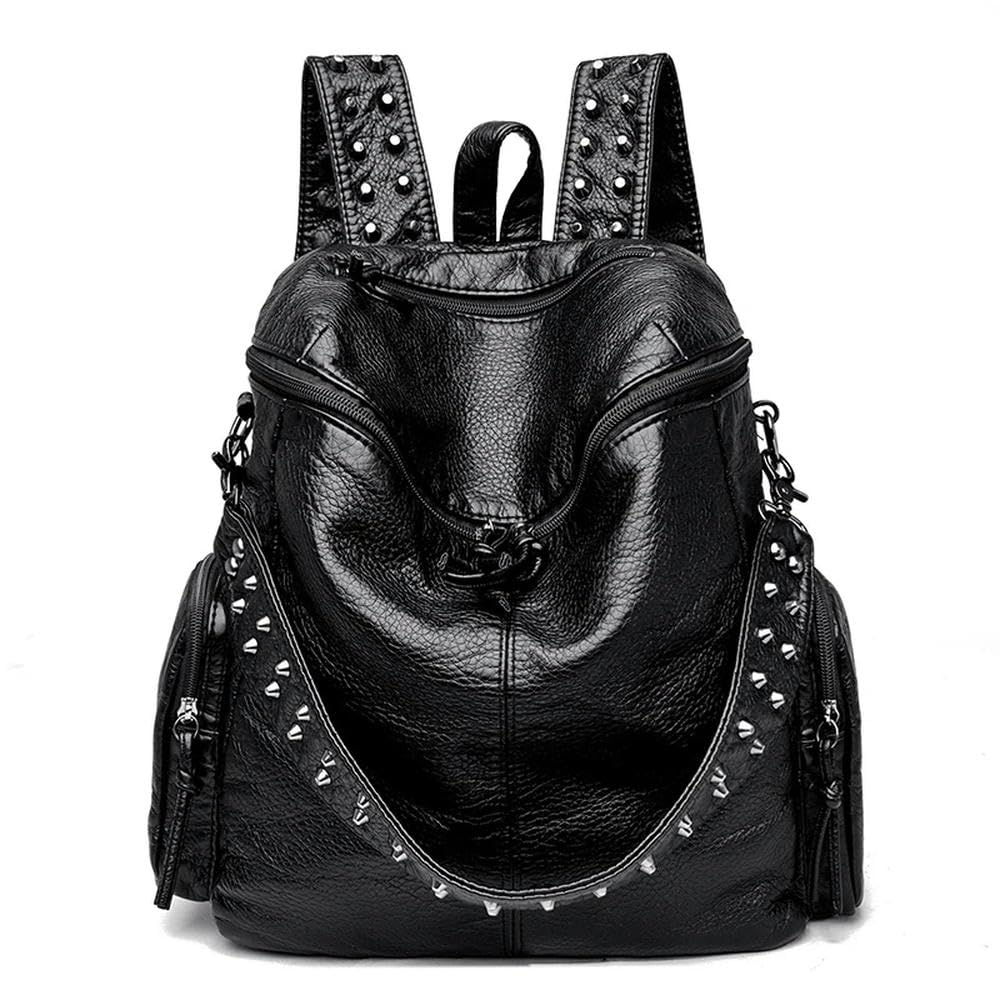 Mochila para Mujer, de Piel, Estilo Motero, con Remaches, Estilo Vintage, Suave, para el Hombro