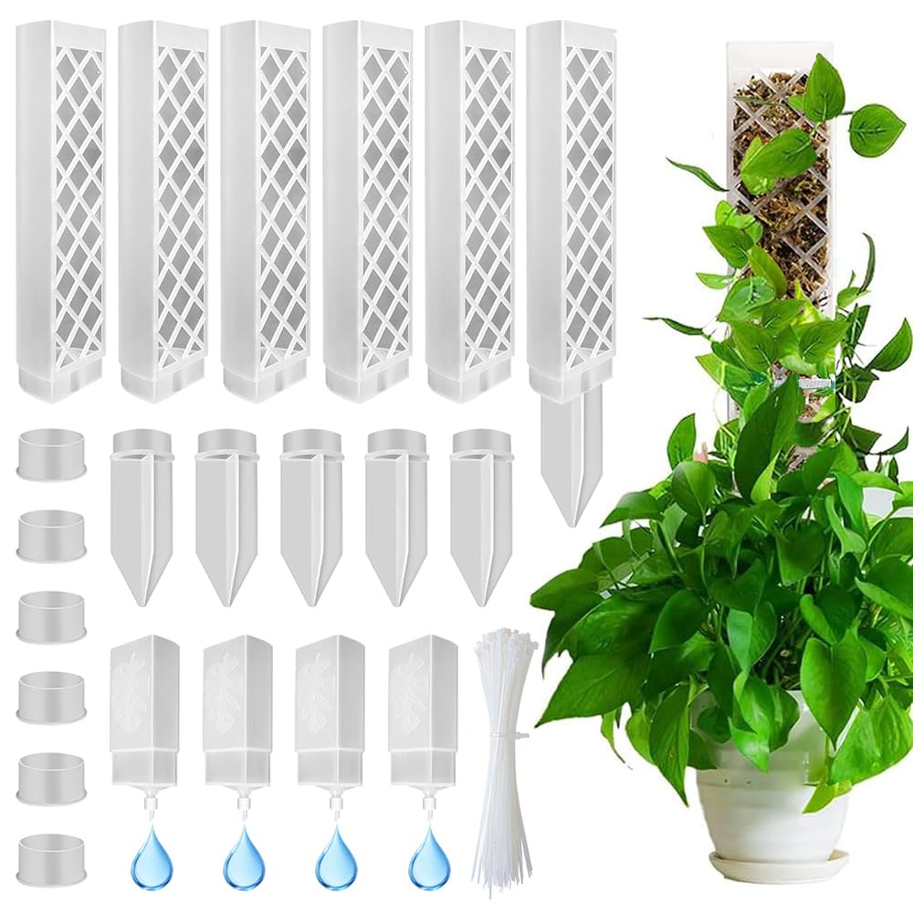 Moss Pole,6 Piezas Tutores para Plantas Trepadoras,Tutor Monstera,6 Tutor Musgo Plastique, 4 Alfileres, 4 Botellas de Goteo, 4 Diafragmas de Reproducción, 100 Bridas,para Hiedra, Monstera, Pothos