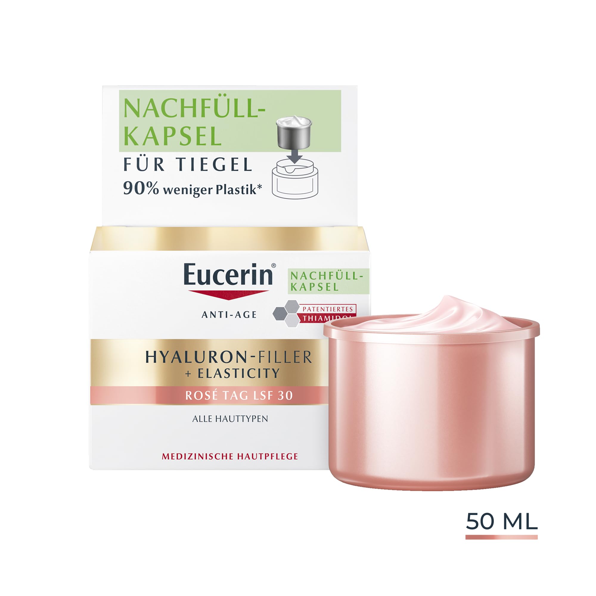 Eucerin Hyaluron-Filler + Elasticity Rosé Tagespflege LSF 30 Nachfüllkapsel 50 ml, Gesichtscreme mit roséfarbenen Pigmenten, Hyaluronsäure und Thiamidol reduziert Falten und Altersflecken