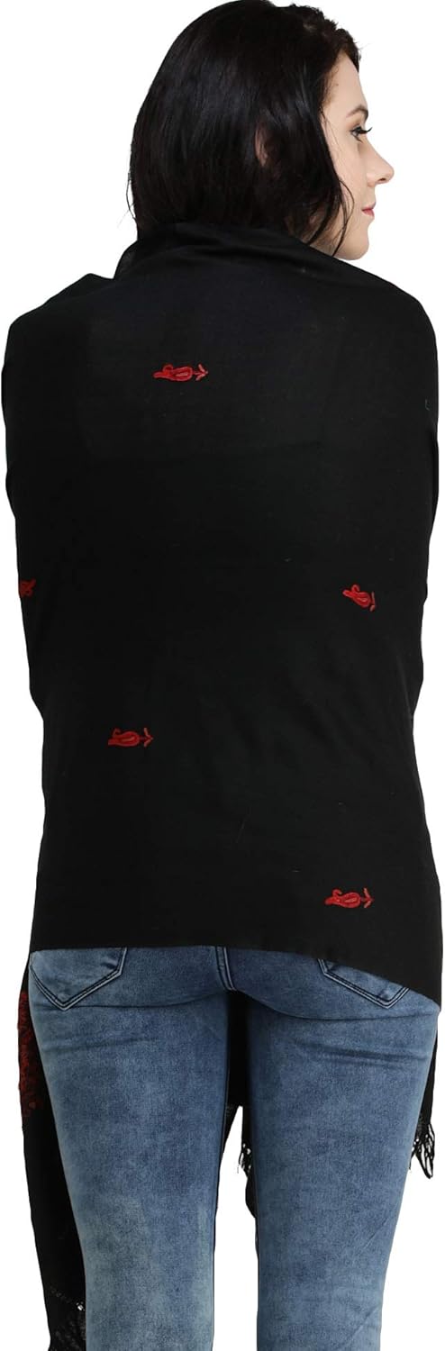 Exotic India Plain Stole from Kashmir with Aari Hand-Embroidered Paiselys on Border - Pure Wool