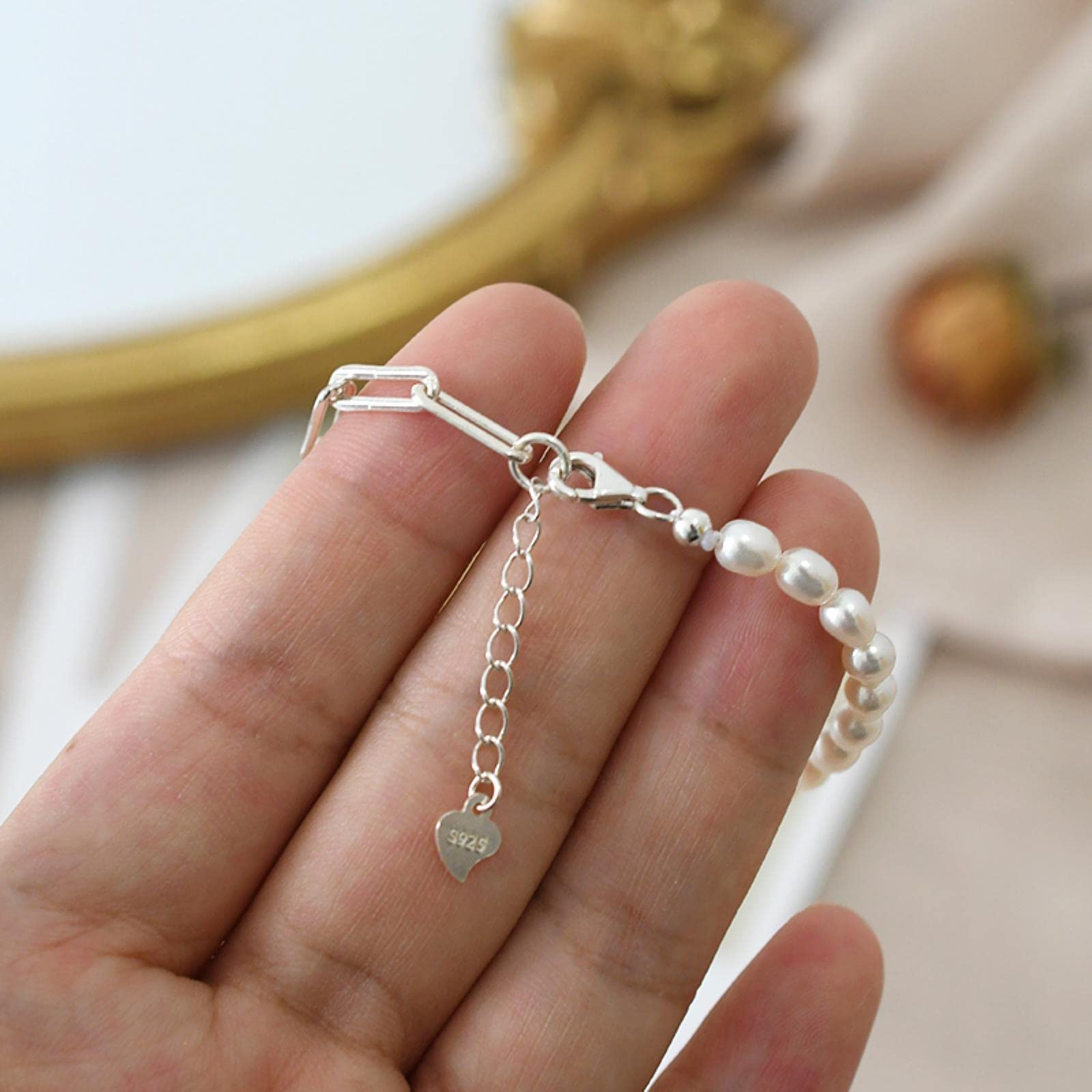 LOKILOKI Pulsera De Costura De Plata De Ley 925 con Perlas Naturales De Agua Dulce para Mujer