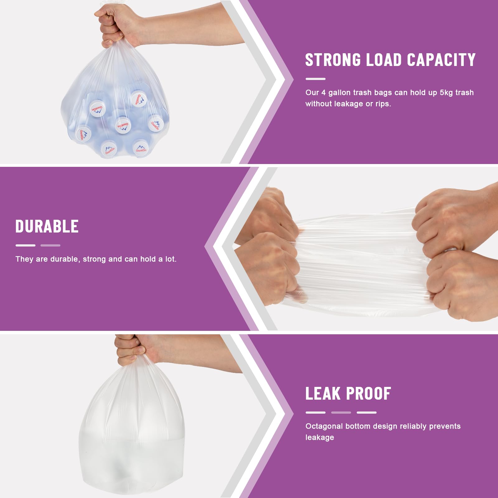 Bolsas de basura pequeñas de 2 a 4 galones, extra fuertes, bolsas de basura pequeñas de 4 galones sin perfume, elásticas, con cincha rápida para baño, cocina, oficina, 100 unidades