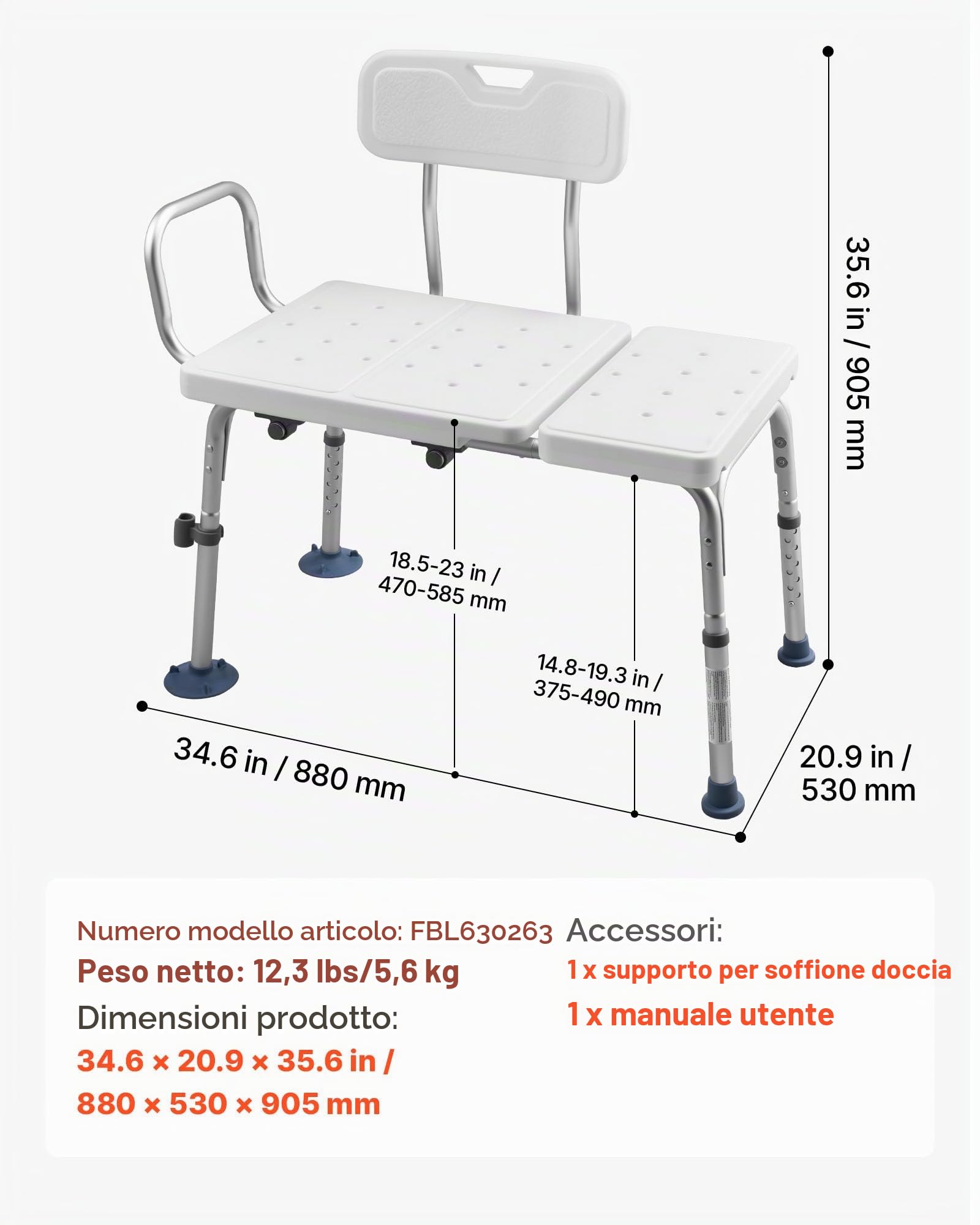 VEVOR Panca da Vasca da Bagno Carico max 180 kg, Sedia per Trasferimento Vasca da Bagno con Braccioli Schienale, Sedile da Doccia Altezza Regolabile per Anziani Pazienti Mobilità Ausiliare Box Doccia