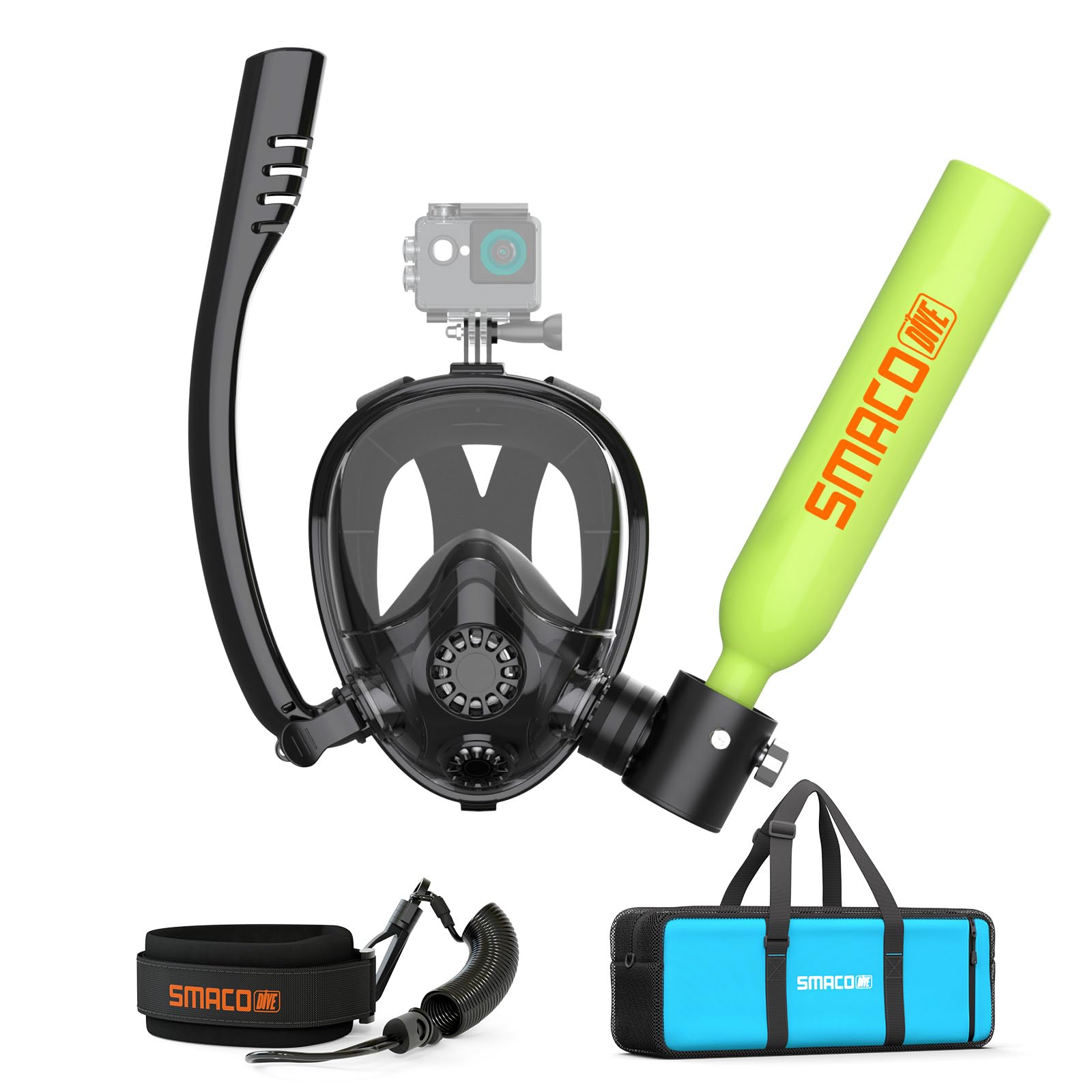 SMACO Mini Scuba Tank with Full Face Mask Reusable 0.5L Diving Tank with Snorkel Mask Portbale Pony Bottle with Hand Pump for Shallow Water Diving