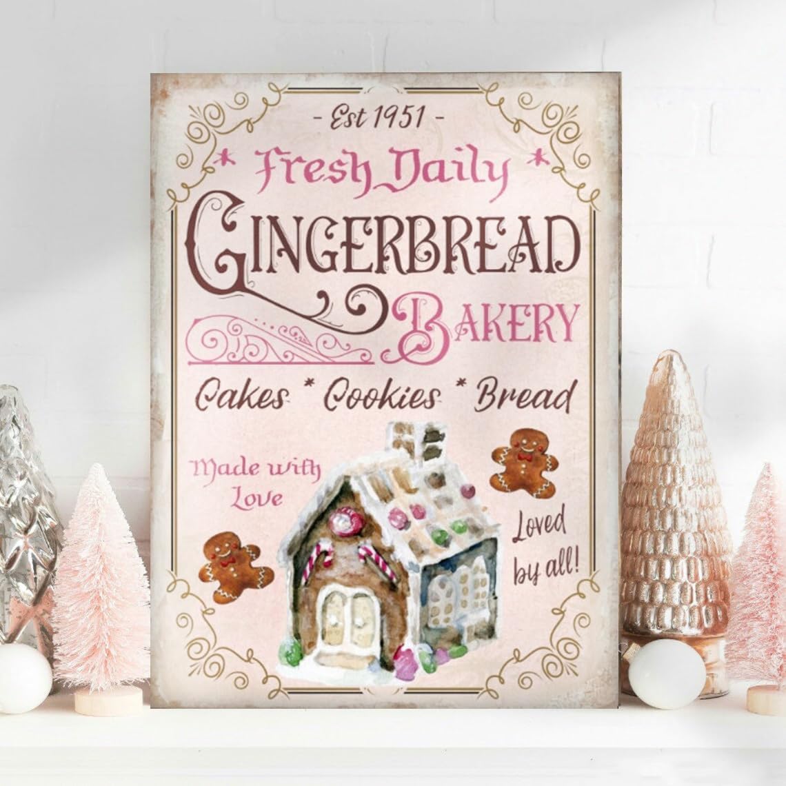 Yunking 7A Metal Tin Pink Gingerbread Bakery Sign - Wall Decor, Holiday Poster, Christmas Party Decoration, Sweet Treats - 8X12 Inch