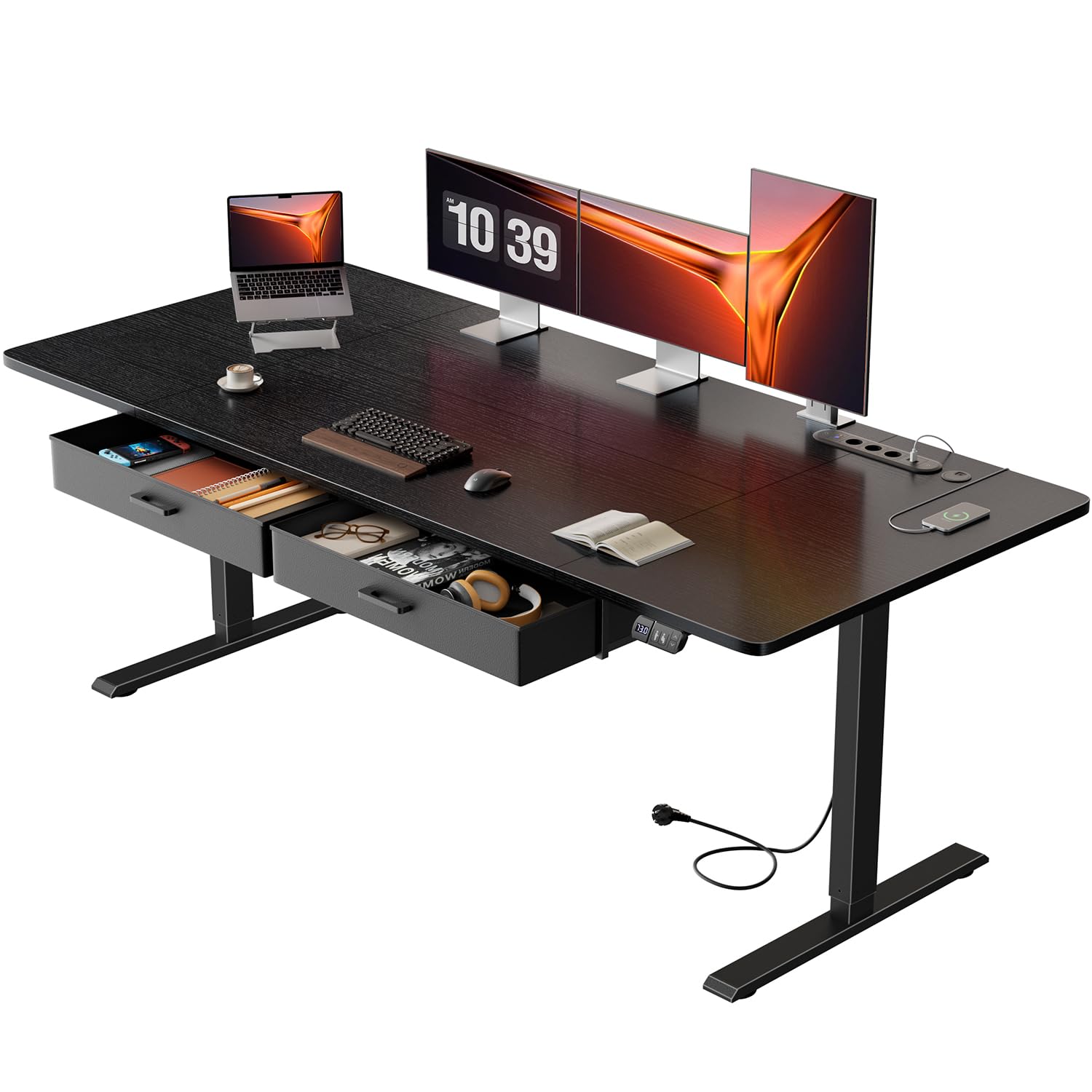 HLONONE Höhenverstellbarer Schreibtisch, Standing Desk mit Schubladen, Elektrisch