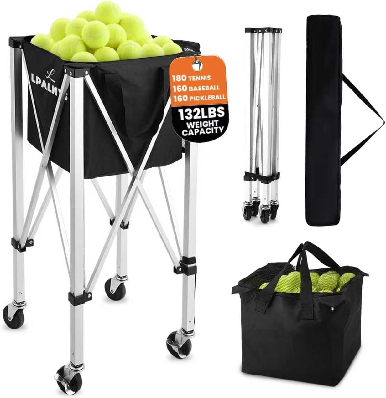 Pickleball Tennis Ball Hopper-Foldable Lightweight Tennis Cart Holds 180 Tennis/160 Pickleballs with Removable Bag,Wheels,Side Pocket for Training/Teaching, for Tennis/Pickleball/Baseball/Softball