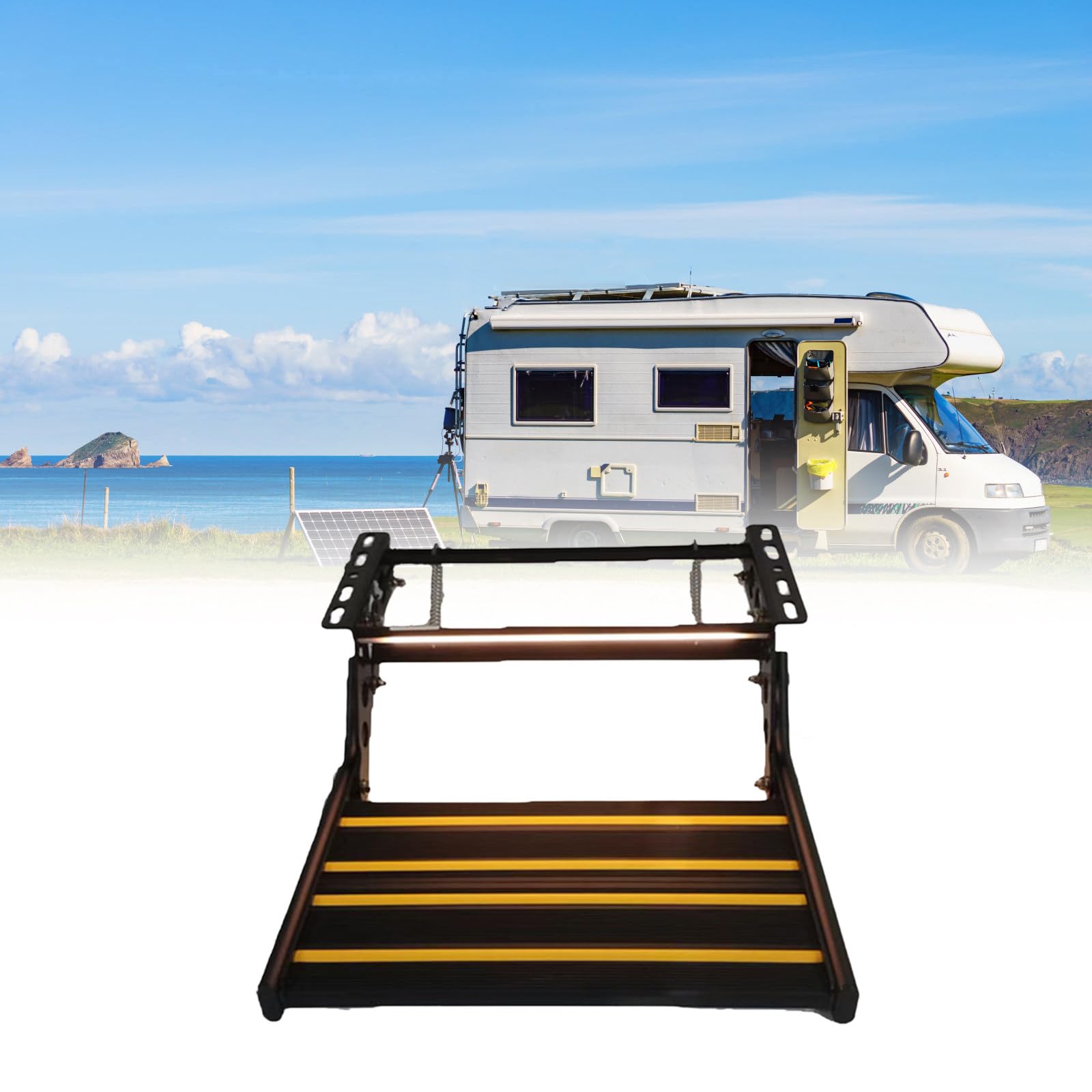 Foldable Manual RV Steps, RV Door Entry Bottom Step, Motorhome Step Ladder, Aluminum Alloy, Rust and Corrosion Resistant, Strong Spring, For Camper Van Travel Trailer Caravan Black-withlight