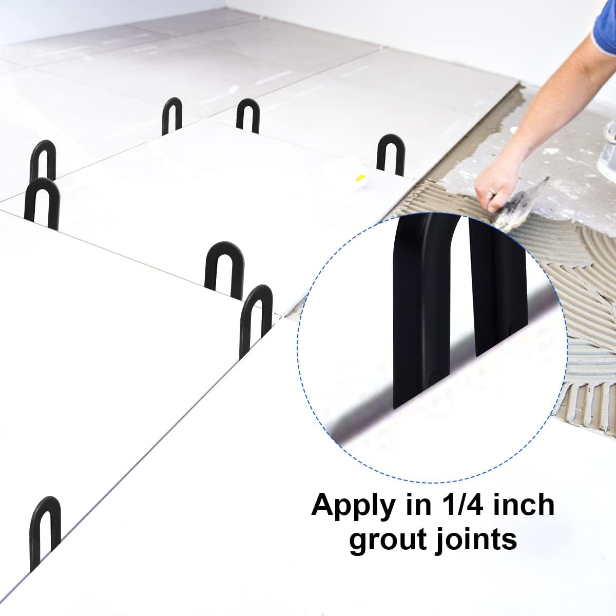 Tile Leveling System Tile Spacers 1/4 Inch, Horseshoe Shim U Shape Plastic Tile Leveling Clips for Various Types of Tile Leveling, Black (300)