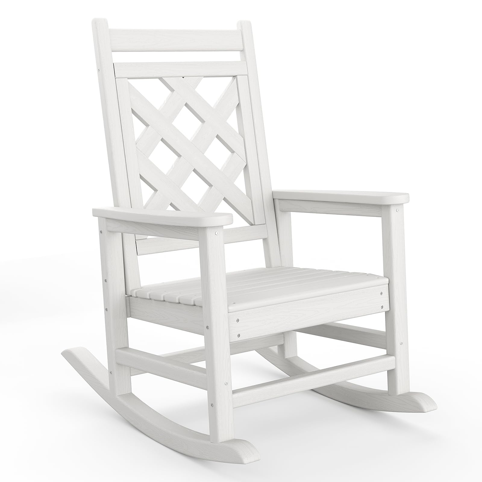 Garvee Silla Mecedora de Exterior HDPE con Veta Madera, Sillón Balancín para Jardín Ergonómico con Respaldo Cuadrado y Rejilla, Butaca de Terraza Resistente a Intemperie y UV, 73x85x95 cm, Blanco