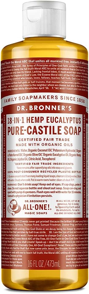 Dr Bronner's 18-in-1 Eucalyptus Pure Castile Liquid Soap, Made with Organic Oils, Used for Face, Body, Hair, Laundry, Pets and Dishes, Certified Fair Trade & Vegan Friendly, 473ml Recycled Bottle
