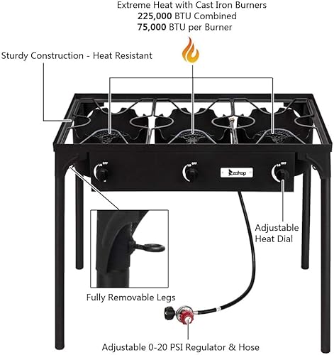 Miniatura 4 de Estufa de campamento portátil ajustable 3 quemadores de gas con patas desmontables, hierro fundido, negro (negro)