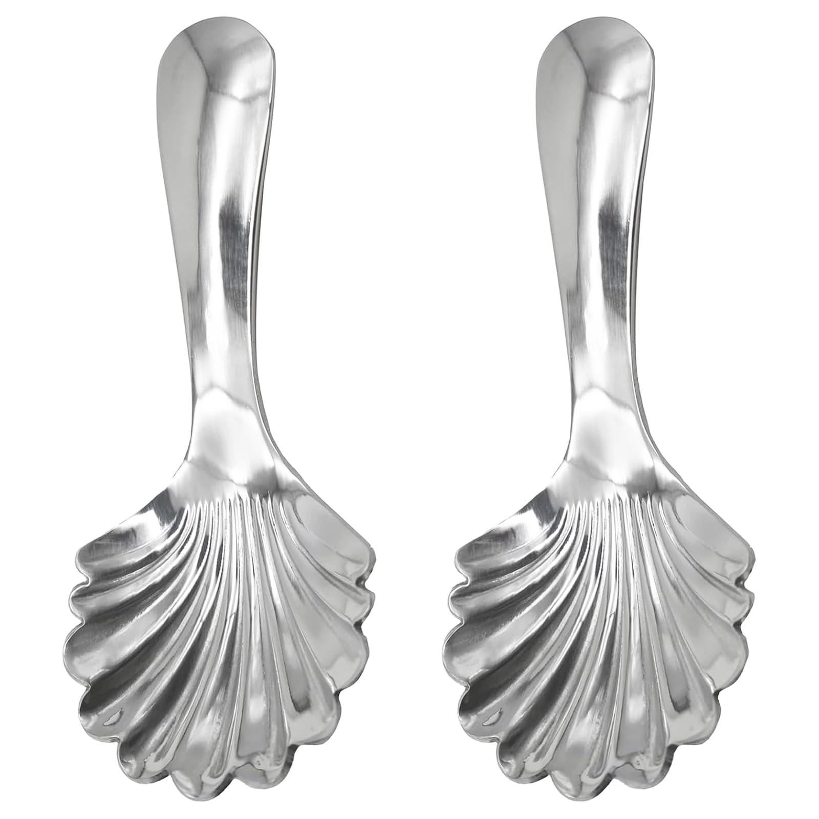 2 x kurzer Griff Muschellöffel 18/10 (304) Edelstahl, gewellt, Suppenlöffel, 9,7 cm, tragbarer Löffel für Zucker, Gewürze, Dessert, Tee, Kaffee, Pulver, Kanister