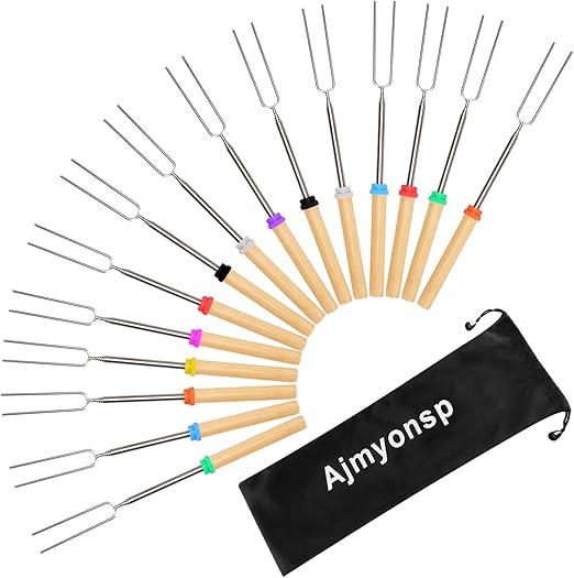 Marshmallows Roasting Sticks - Smores Sticks for Fire Pit Extras Long Extendable Smore Skewers Hot Dog Sticks for Campfires, 32 Inch Telescoping Forks Set of 15Pcs