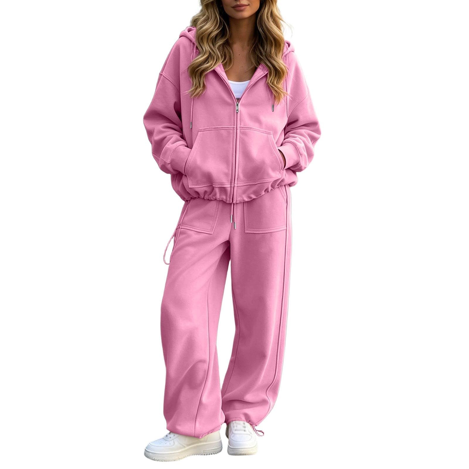 Conjunto de chándal para mujer, cómodo, monocolor, con capucha, cremallera completa, pantalones de chándal y pantalones de chándal de 2 piezas, tallas grandes, traje deportivo de dos piezas, traje de