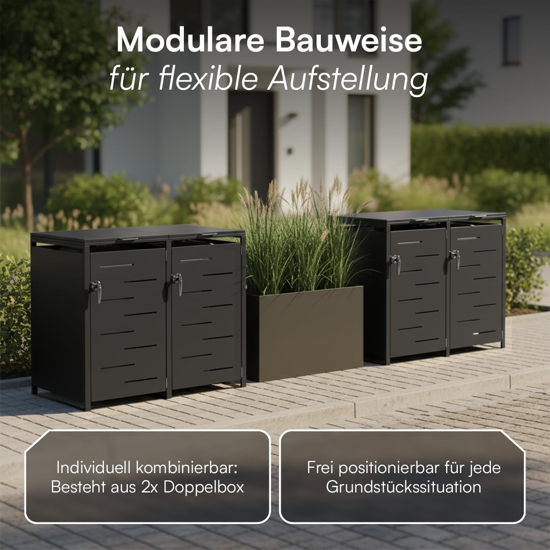 STEELSØN Diorus Mülltonnenbox 4er bis 240L abschließbar – Hochwertige Mülltonnenverkleidung für 4 Tonnen – Müllbox Stahl – Müllcontainer Schwarz - Mülltonnen Box wetterfest – Gerätebox mit Schloss