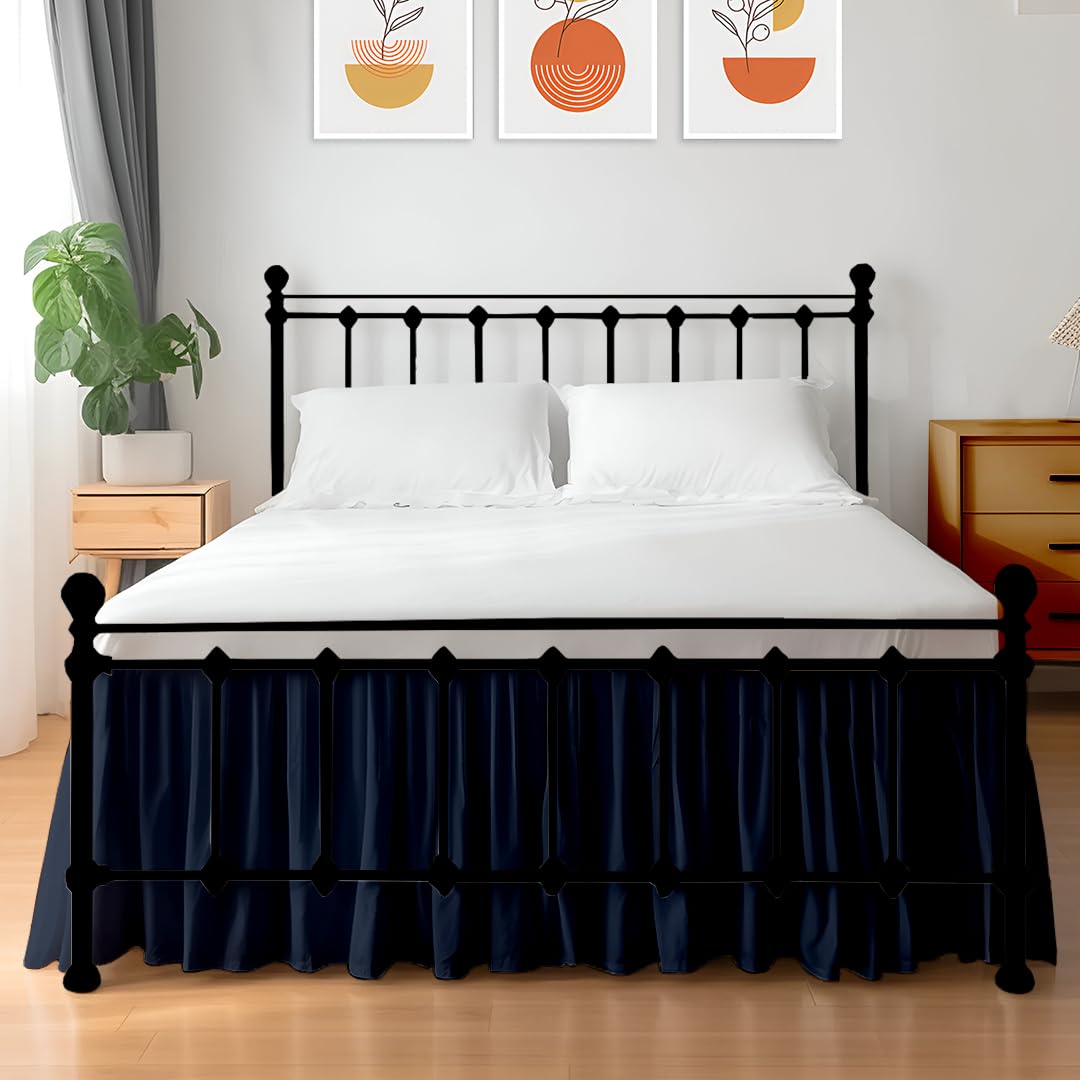 Shreem Linen Ruffled Bed Skirt with Split Corners, Gathered Style, 100% Microfiber, 15-Inch Drop, Dust Ruffle Bedskirt with Platform, Queen, Navy Blue