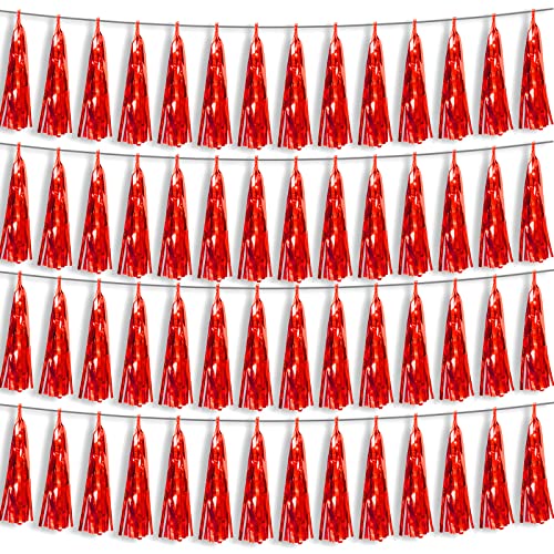 Image of 4P Red Foil Fringe Metallic Tassel Streamers Banner Tassel Garland for Parade Floats, Bachelorette, Wedding, Birthday, Halloween, Christmas, Bridal /Baby Shower Party Decorations