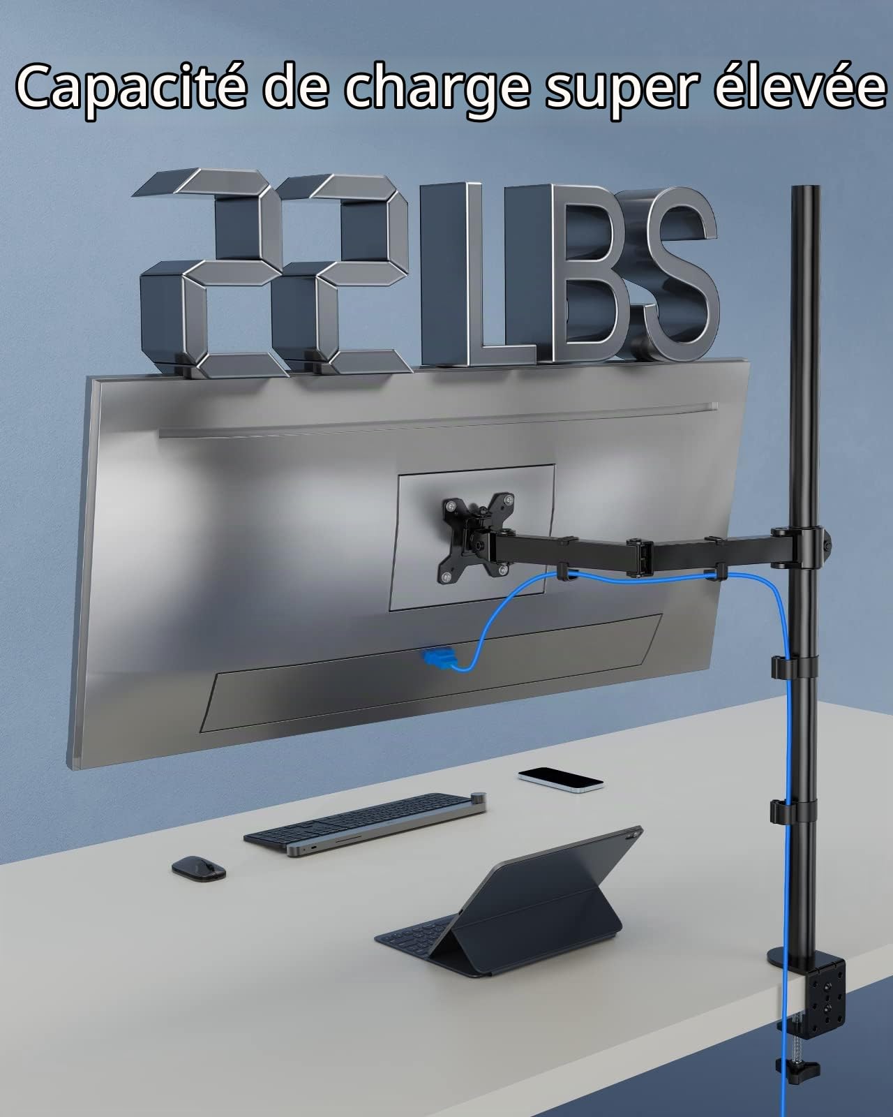 HUANUO Support Bureau Bras Ecran PC, Support Ecran PC Réglable 13 à 32 Pouces, Écran Ultra-Large à 38 Pouces, Bras d'Ecran Extra-Haut de 1010 mm. Supportant à 10 kg avec Base Pince en C/À Œillet