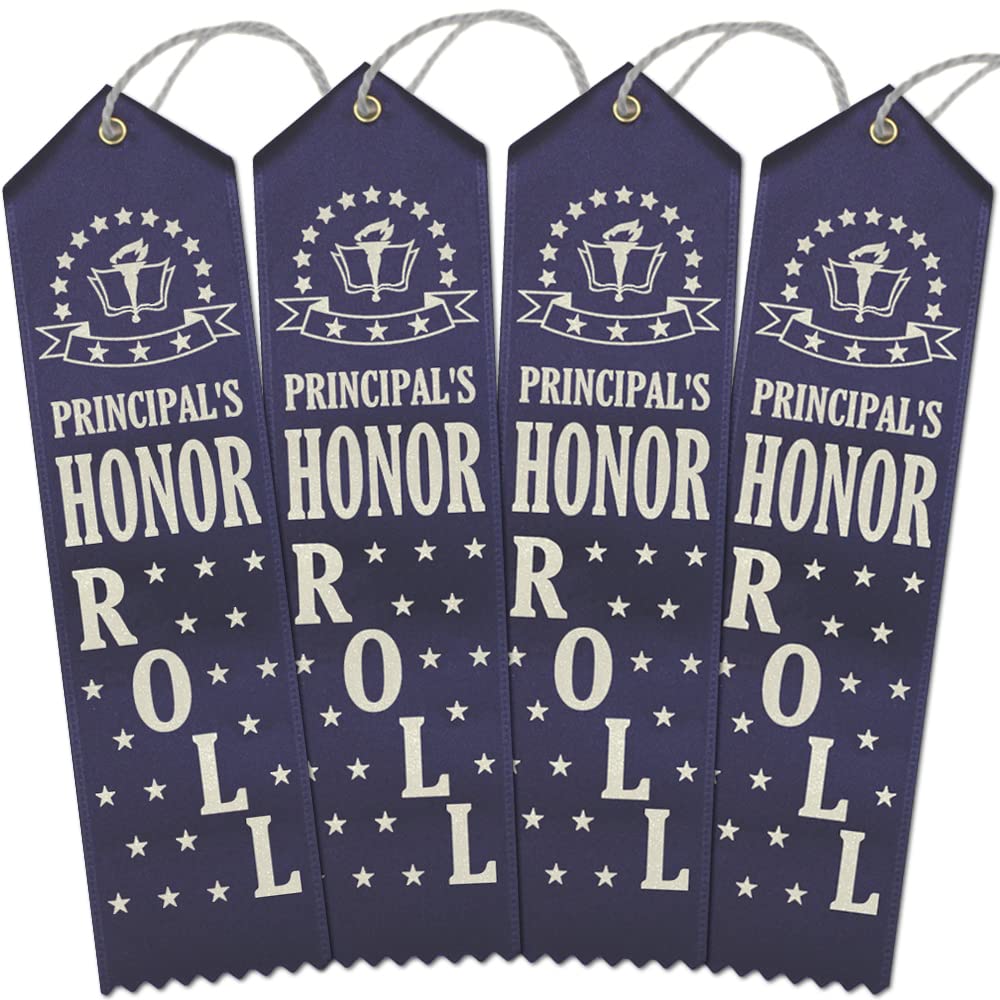 RibbonsNow Principal's Honor Roll Award Ribbons - 100 Navy Blue Ribbons with Card & String