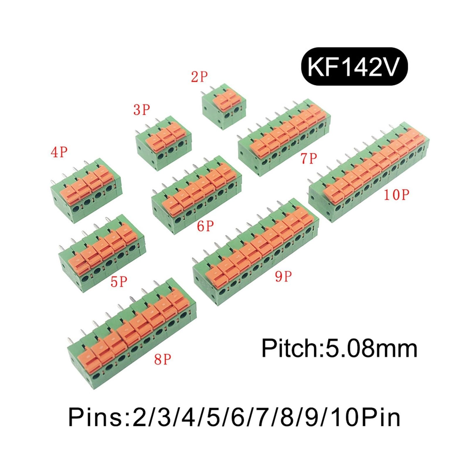5/10 Uds. Bloque de terminales sin tornillos KF142V KF142R con paso de 5,08mm, pie recto/doblado, conector 2/3/4/5/6/7/8/9/10P