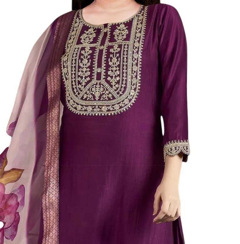 Image of Girls Ethnic Outfit | Embroidered Silk Girls Salwar Suit | Kurta Pant and Jacquard Dupatta Set