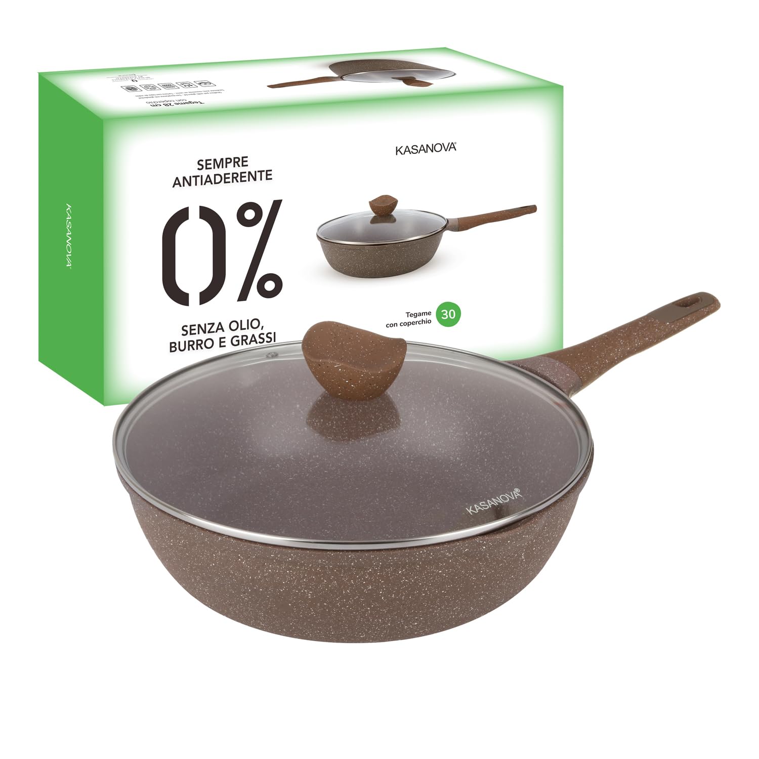 KASANOVA 30cm Non Stick 0 Fat Pan with Brown Lid Cooking