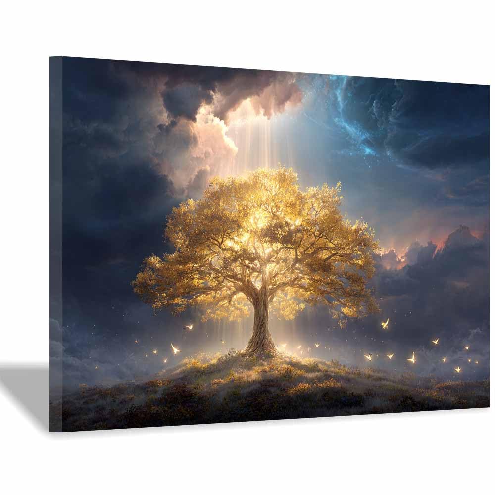 HOQIU Wall Pictures Starry golden tree tree poster, landscape wall art, for Living Room Bedroom Bathroom.(Multicolor)-60x80cm Framed