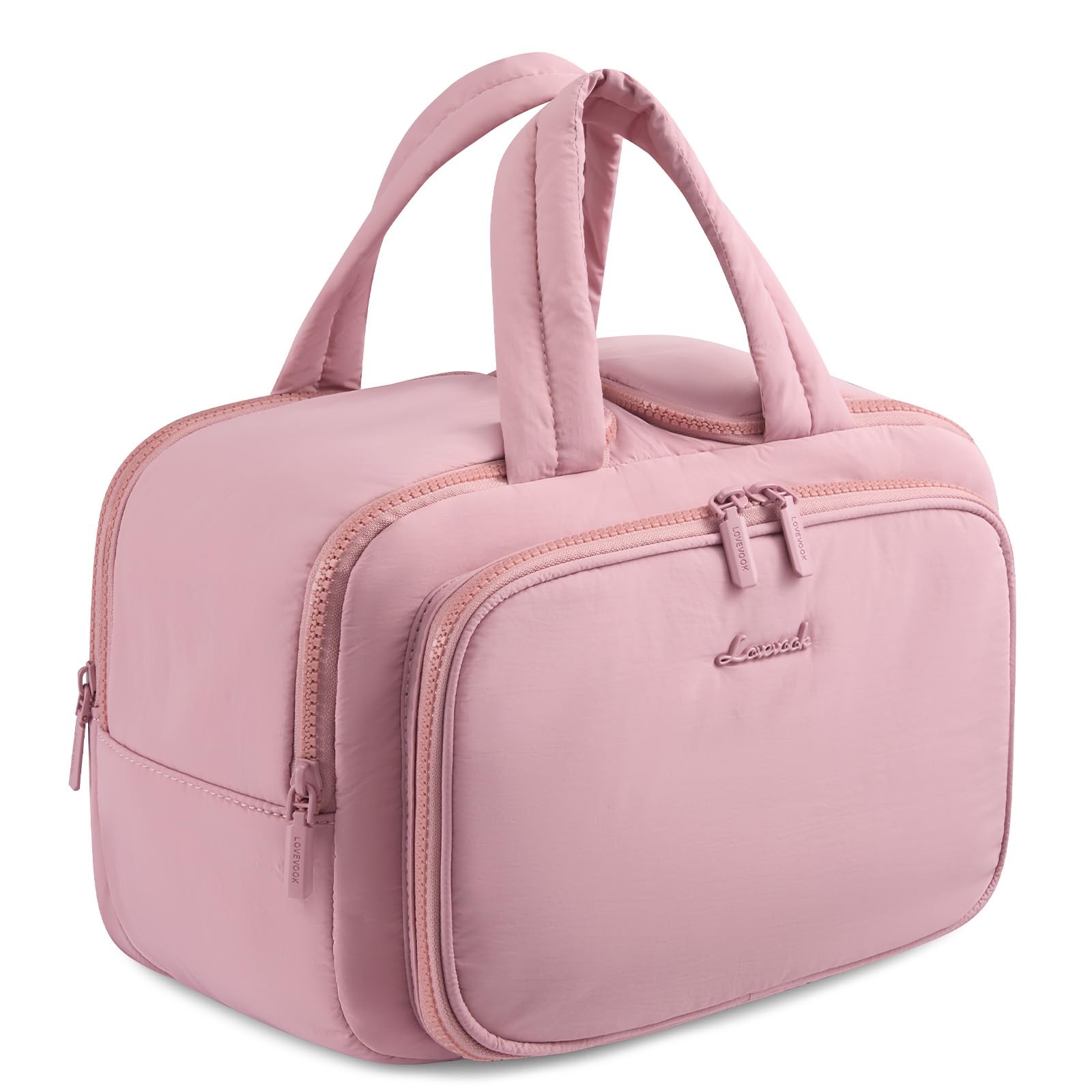 LOVEVOOK Kulturtasche Damen Gross, Leichte Reise Kosmetiktasche Weit Offene Kulturbeutel mit Nassfach, wasserdichte Waschtasche Make up Tasche Schminktasch mit Griff für Reisen Urlaub, Dunkelrosa