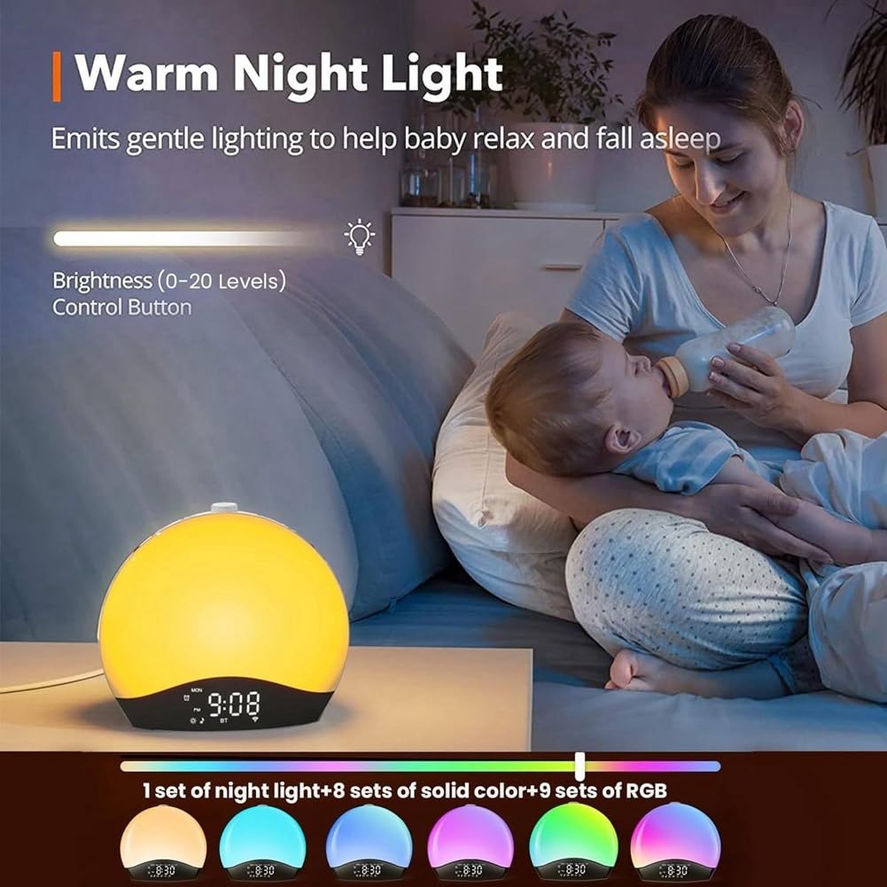 Despertador con Luz de Amanecer, Reloj de Mesa Regulable con 3 Anillos, 8 Luces Nocturnas, 26 Sonidos, Temporizador de Sueño, Luz, Enchufe EU.