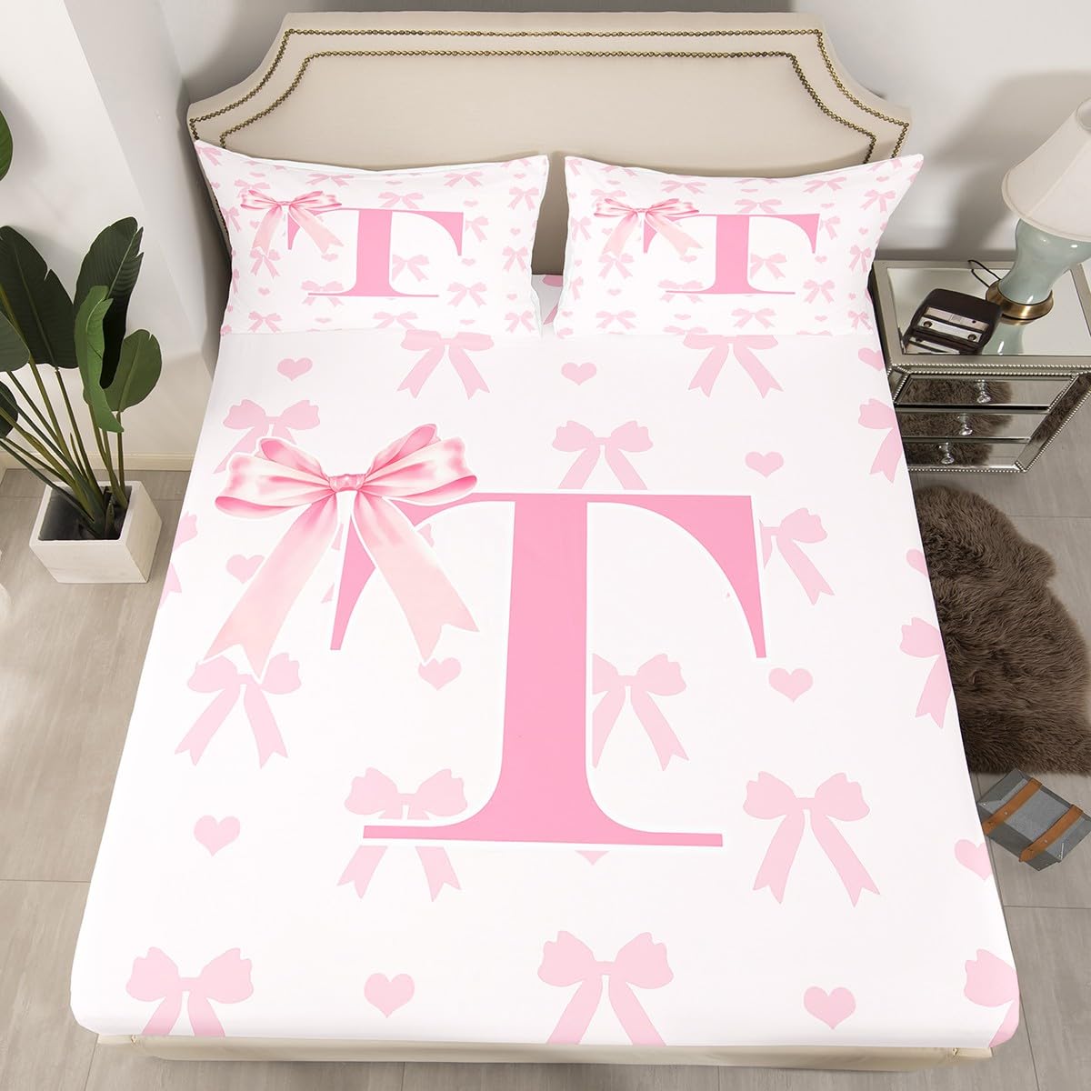 Initial Letter T Bed Sheet Set Princess Style Pink Bowknot Girly Romantic Fitted Sheet for Ultra Soft Dreamy Bow Love Hearts Kawaii Pink Bedding Cover Set King Size(No Flat Sheet)