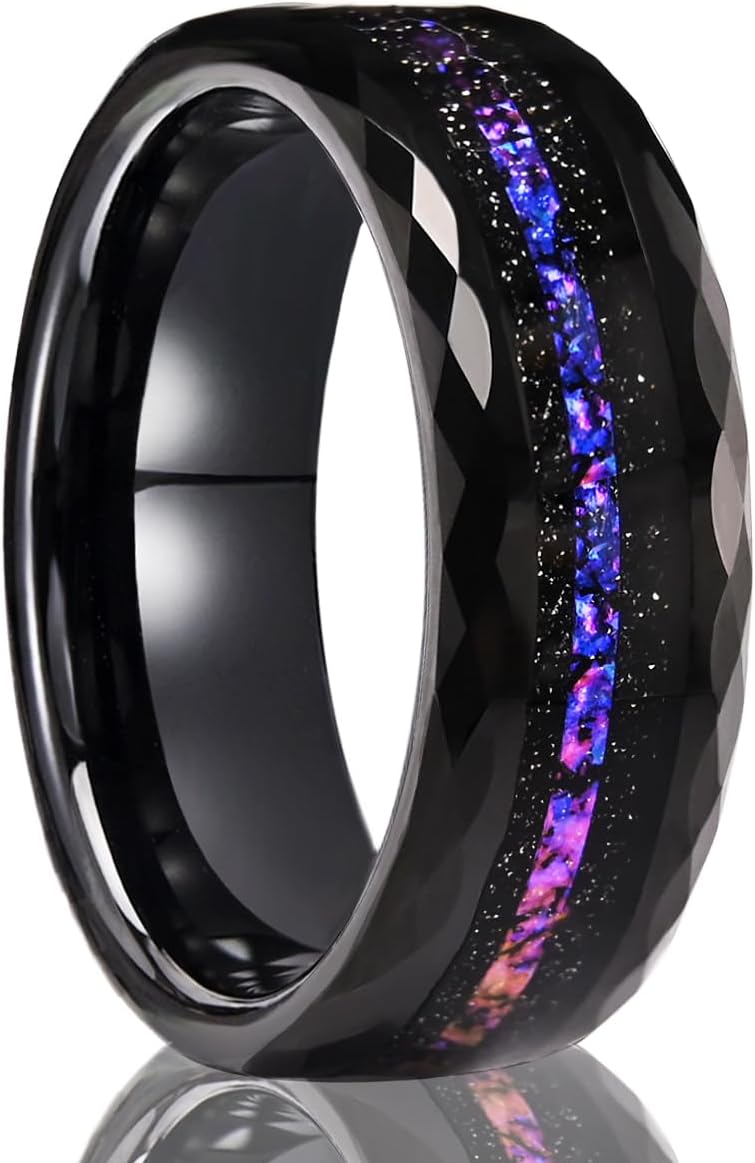 Black Tungsten Carbide Rings for Men Women 8mm/6mm Hammered Galaxy Star Inlay Men's Engagement Wedding Bands High Polished