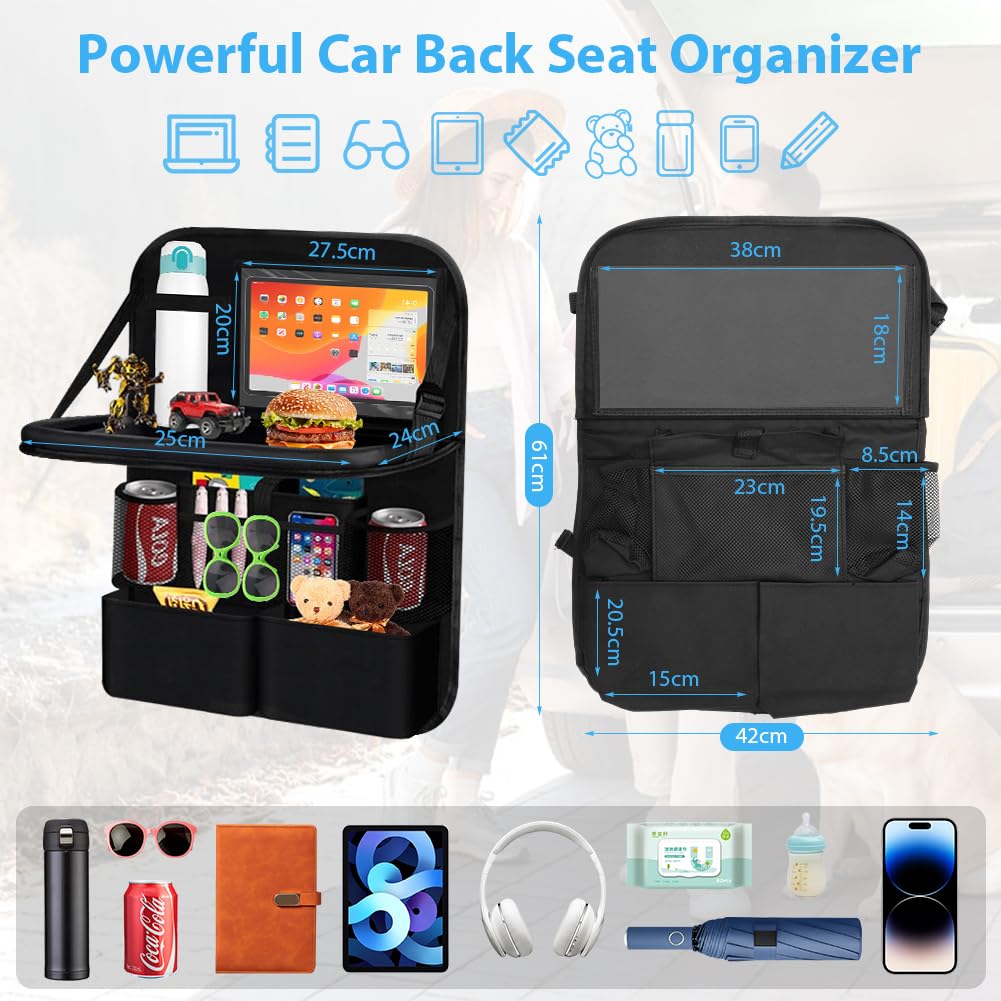Yuragim Organizer per auto con tavolo, 2 pezzi, organizer per sedile auto, grande protezione per lo schienale dell'auto, impermeabile, organizer per bambini con tavolo pieghevole, tablet, telefono