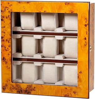 Attraktive Vitrine für 9 Uhren – Zum Aufstellen oder Aufhängen – Ulmenholzoptik – Echtglastür (abschließbar) – Maße: 28,5 x 29,2 x 10,3 cm