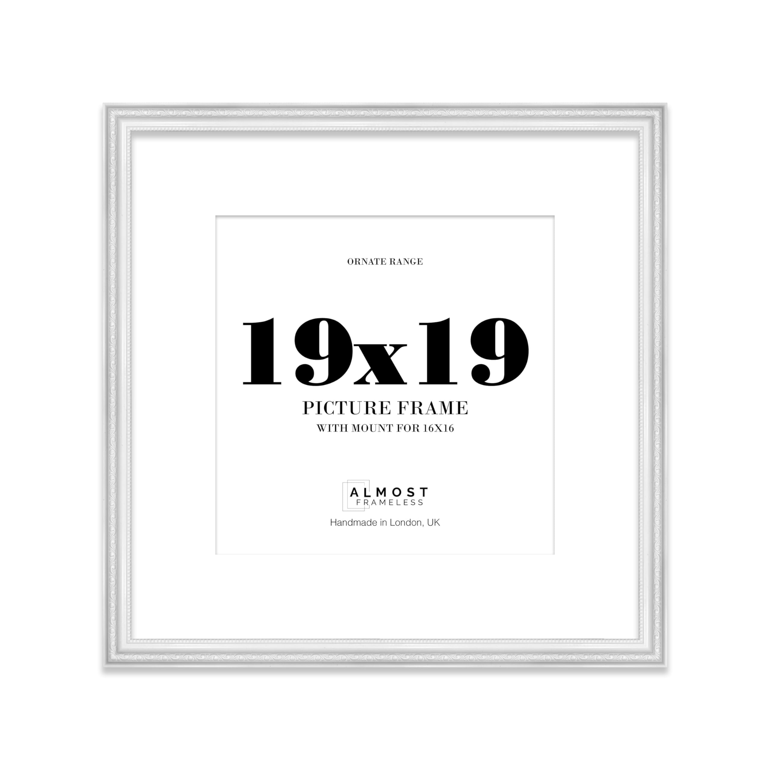 19x19 White Ornate Photo Frame With White Mat For 16x16 Picture, Ready to Hang, 1 Pack