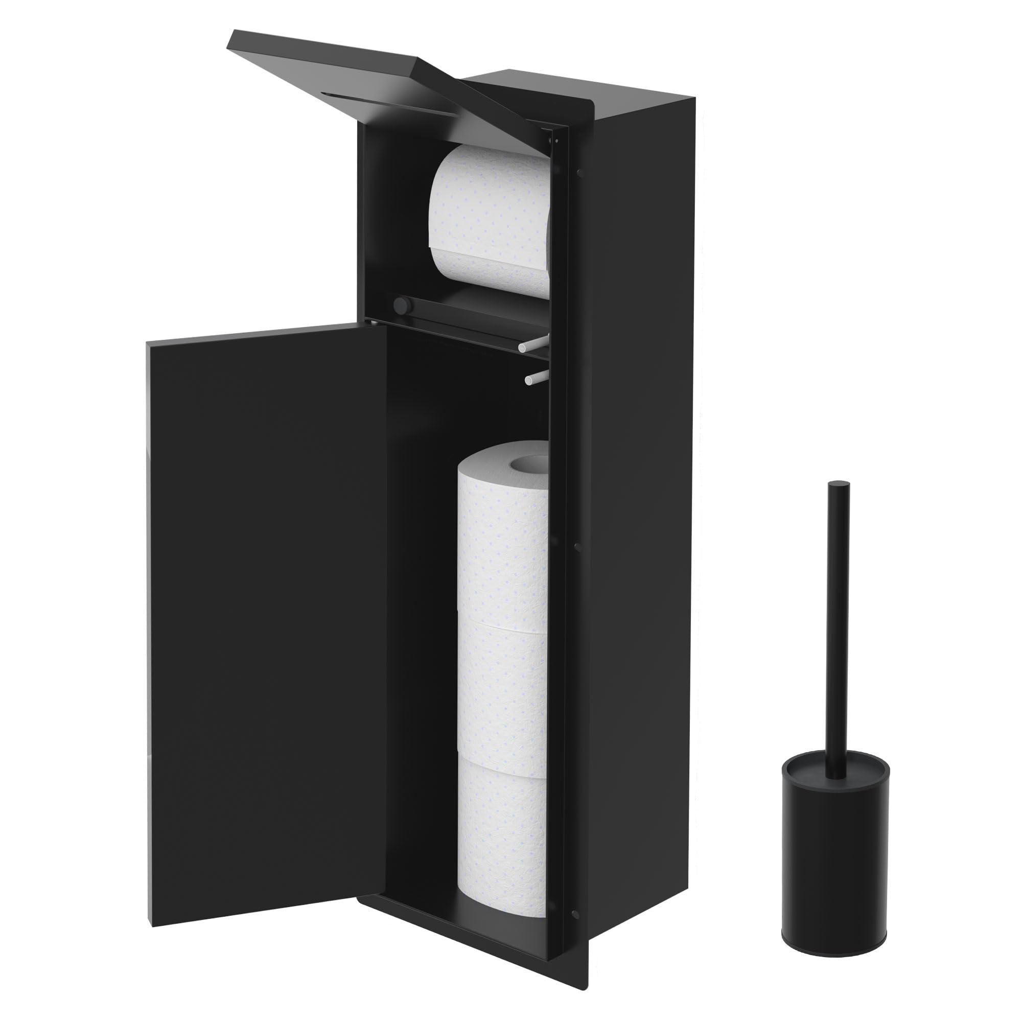 LuxeBath Módulo de Armario Empotrado para Baño de Acero Inoxidable Negro Mate 60 x 20 x 14 cm con Portarrollos con Tapa y Escobilla, Mueble WC Alicatable Encastrado para Aseo/Servicio Nicho de Pared