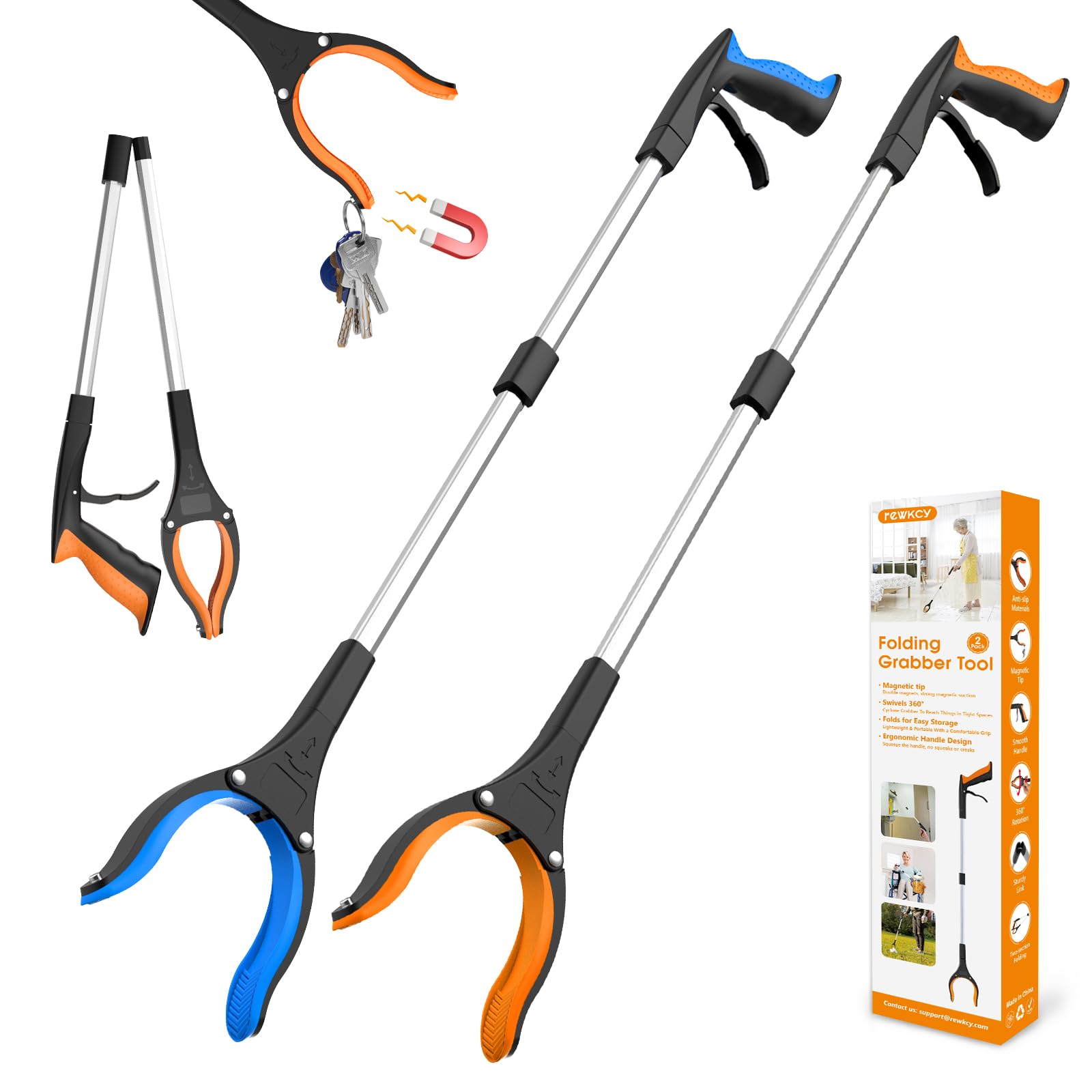 Pinza Raccogli Oggetti 80 cm Set da 2, Pinza Telescopica Prendi Oggetti Ergonomica con Artiglio Antiscivolo e Testa Girevole, Pinza Raccogli Rifiuti per Anziani